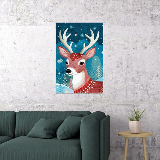 Cute Winter Deer Kids Poster Christmas Nursery Wall Art Snowy Forest Scene Festive Decor Adorable Gift for Kids Room - xonomax