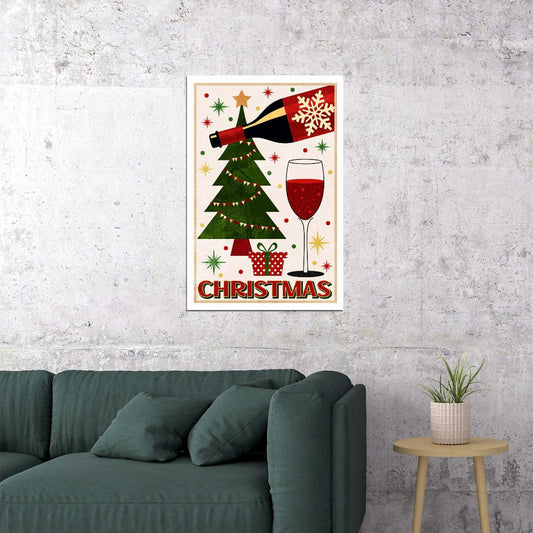 Festive Retro Christmas Poster Wall Art Print Wine Glass Christmas Tree Classic Holiday Decor Vintage Style for Living Room Bar - xonomax