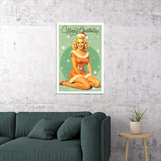 Sexy Christmas Pin-Up Poster Wall Art Print Blonde Model Festive Santa Outfit Stylish Vintage Holiday Decor Bedroom Lounge - xonomax