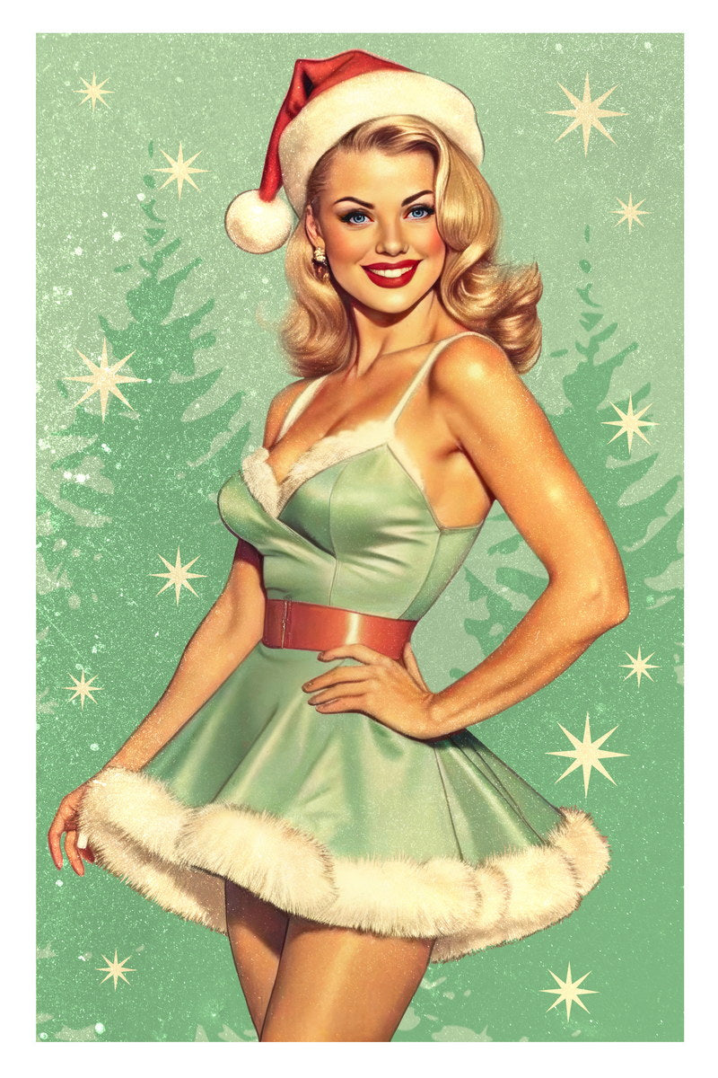 Poster - Charming Pin-Up Christmas Poster Wall Art Print Blonde Girl Santa Costume Retro Elegant Holiday Decor Home Office Poster - Charming Pin-Up Christmas Poster Wall Art Print Blonde Girl Santa Costume Retro Elegant Holiday Decor Home Office