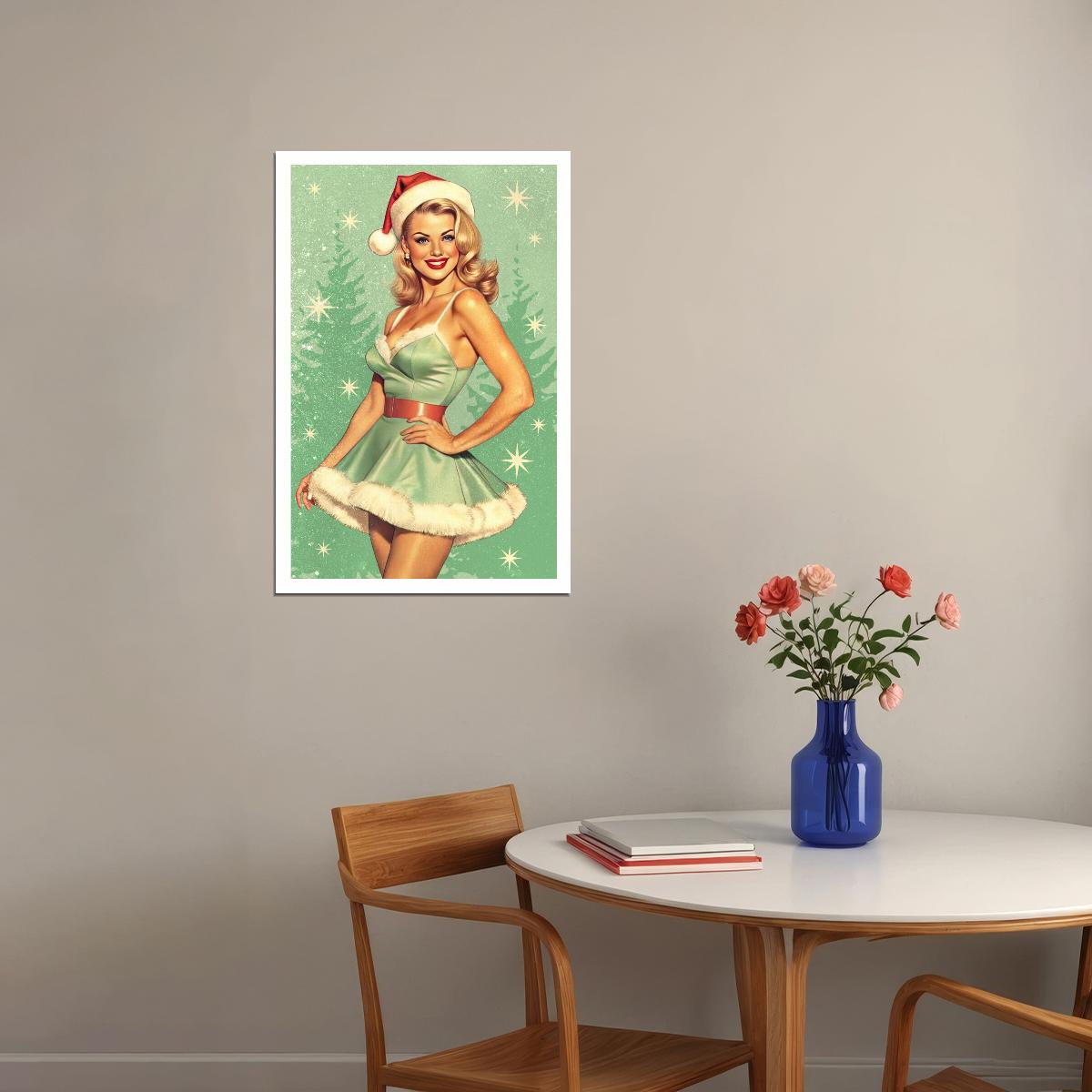 Charming Pin-Up Christmas Poster Wall Art Print Blonde Girl Santa Costume Retro Elegant Holiday Decor Home Office - xonomax