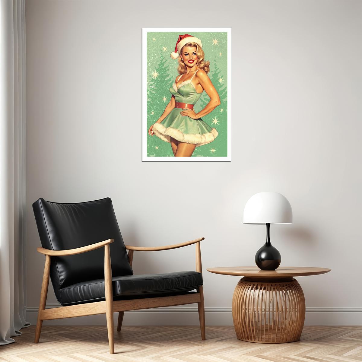 Charming Pin-Up Christmas Poster Wall Art Print Blonde Girl Santa Costume Retro Elegant Holiday Decor Home Office - xonomax