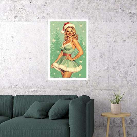 Charming Pin-Up Christmas Poster Wall Art Print Blonde Girl Santa Costume Retro Elegant Holiday Decor Home Office - xonomax