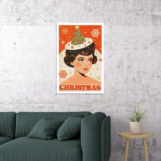 Cozy Christmas Poster Wall Art Print Girl Santa Hat Snowy Background Festive Retro Holiday Decor Living Room Entryway - xonomax