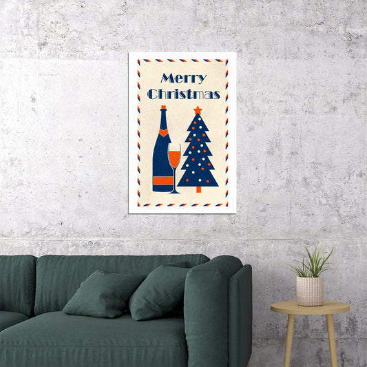 Classic Christmas Greeting Poster Wall Art Print Retro Festive Decor Blue Champagne Bottle Holiday Bubbles Vintage Style Kitchen Bar - xonomax