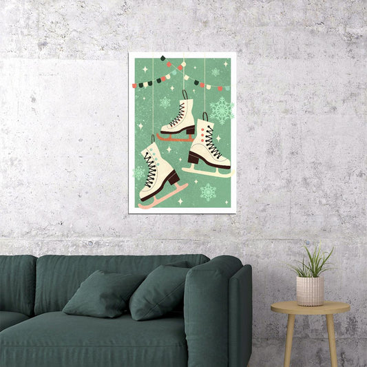 Retro Christmas Ice Skates Poster Wall Art Print Vintage Winter Holiday Decor Snowflakes Cozy Seasonal Artwork Hallway Kids Room - xonomax