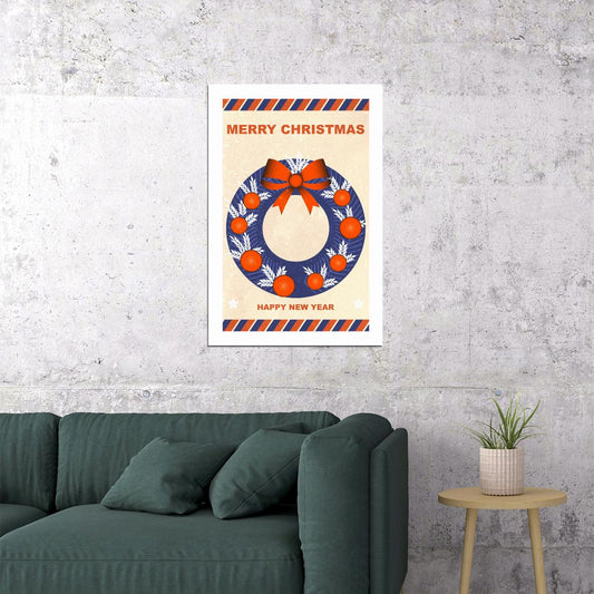 Merry Christmas Wreath Poster Wall Art Print Vintage Festive Decor New Year Theme Classic Holiday Artwork Entryway Gift Idea - xonomax