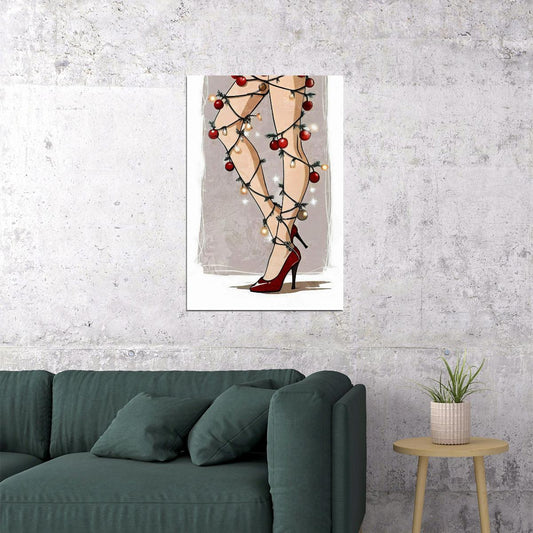 Sexy Funny Christmas Legs Pin-Up Poster Wall Art Print Retro Holiday Decor Woman Wrapped Christmas Lights Playful Festive Decor Living Room - xonomax