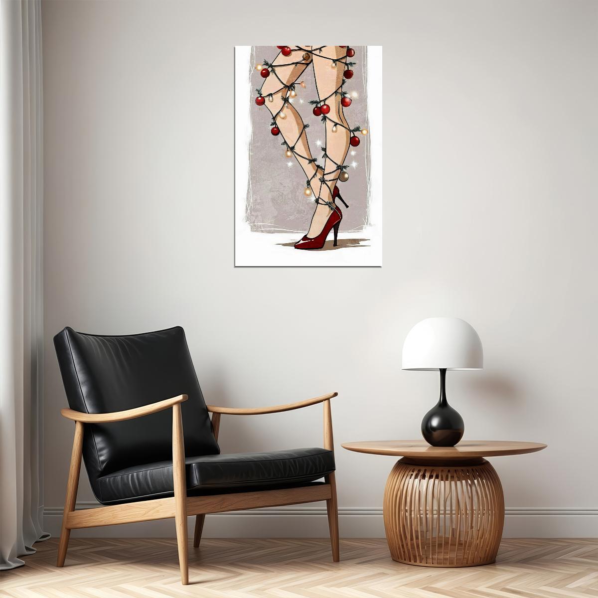 Sexy Funny Christmas Legs Pin-Up Poster Wall Art Print Retro Holiday Decor Woman Wrapped Christmas Lights Playful Festive Decor Living Room - xonomax
