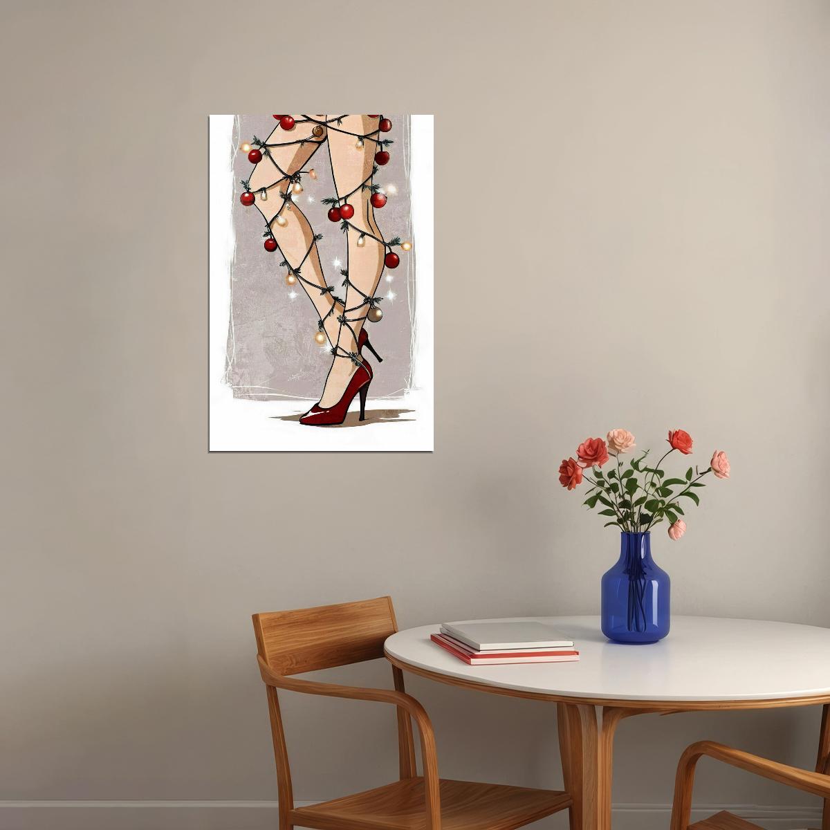 Sexy Funny Christmas Legs Pin-Up Poster Wall Art Print Retro Holiday Decor Woman Wrapped Christmas Lights Playful Festive Decor Living Room - xonomax
