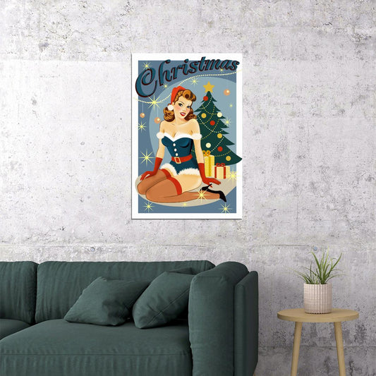 Sexy Christmas Pin-Up Girl Poster Wall Art Print Retro Holiday Decor Woman in Blue Dress with Gifts Vintage Holiday Charm - xonomax