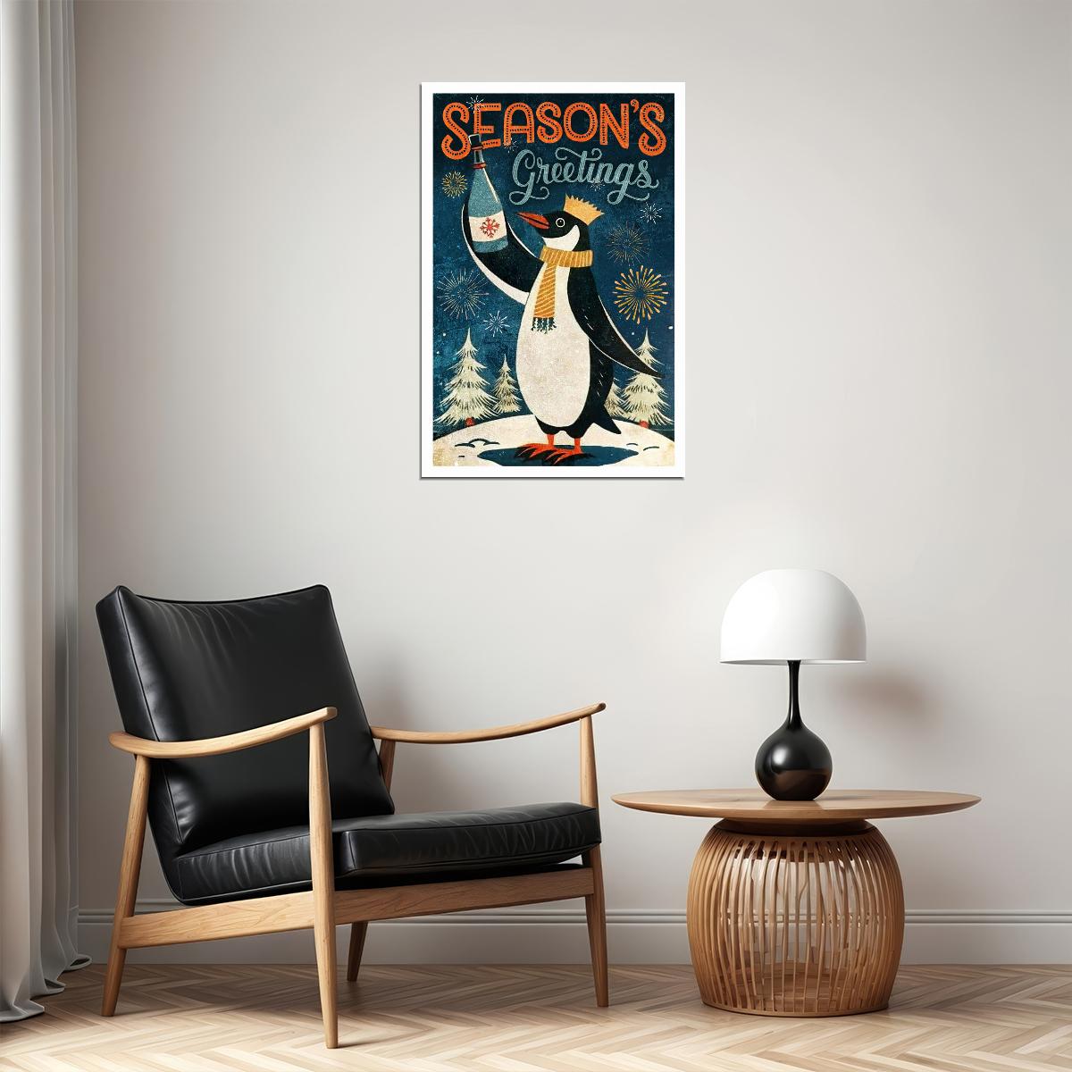 Season’s Greetings Penguin Poster Wall Art Print Retro Christmas Holiday Decor Cozy Winter Wonderland Festive Style
