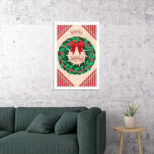 Christmas Wreath Poster Wall Art Print Vintage Holiday Decor Traditional Festive Red Green Design Perfect for Entryway - xonomax