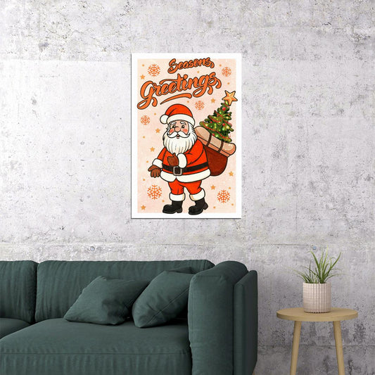 Season’s Greetings Santa Poster Wall Art Print Retro Christmas Decor Vintage Style Santa Claus with Tree Festive Holiday Artwork - xonomax