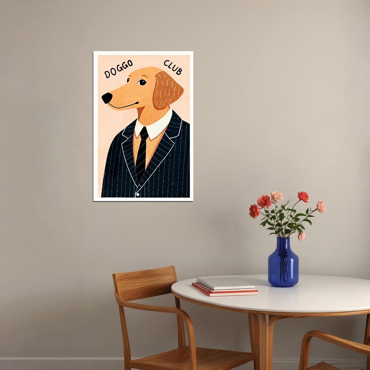 Doggo Club Dog Poster Wall Art Print Whimsical Pet Decor Dapper Dog in Suit Retro Style for Dog Lovers - xonomax