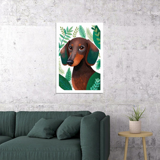 Botanical Dachshund Dog Poster Wall Art Print Whimsical Pet Decor Greenery Elements Perfect Dog Lover Gift - xonomax
