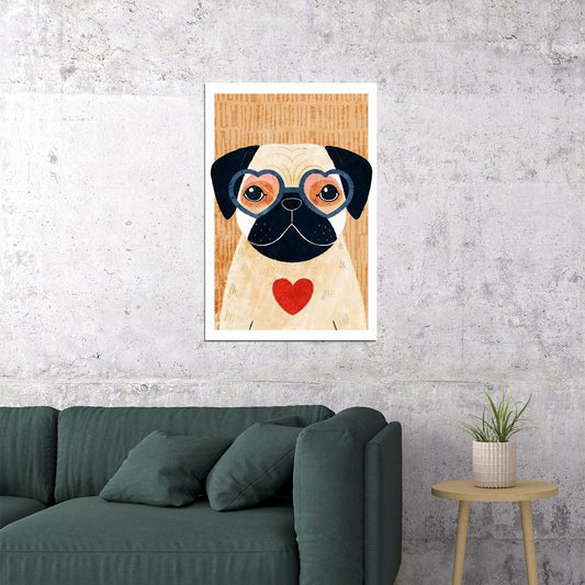 Pug with Heart Dog Poster Wall Art Print Cute Pet Decor Playful Illustration Retro Style Perfect for Dog Lovers - xonomax