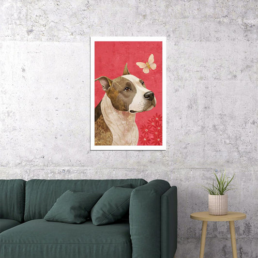 Butterfly Companion Dog Poster Wall Art Print Gentle Pet Decor Soft Pink Background Nature-Inspired Dog Lover Gift - xonomax