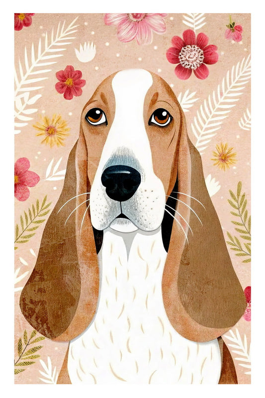 Elegant Basset Hound Dog Poster Wall Art Print Botanical Decor Pink Floral Background Whimsical Dog Lover Gift - xonomax