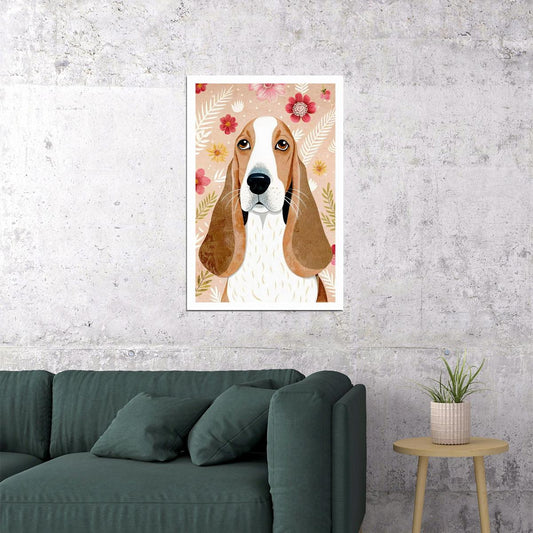 Elegant Basset Hound Dog Poster Wall Art Print Botanical Decor Pink Floral Background Whimsical Dog Lover Gift - xonomax