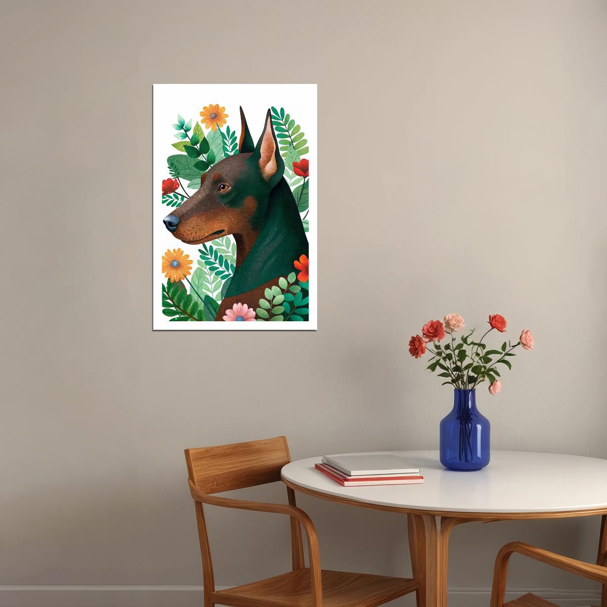 Tropical Doberman Dog Poster Wall Art Print Whimsical Botanical Decor Greenery Flowers Perfect Pet Lover Gift