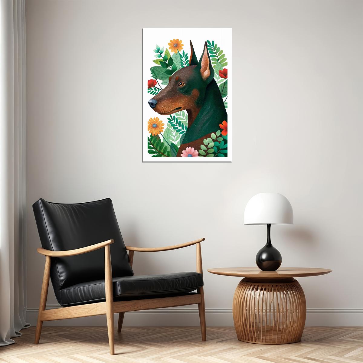 Tropical Doberman Dog Poster Wall Art Print Whimsical Botanical Decor Greenery Flowers Perfect Pet Lover Gift