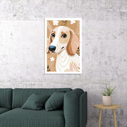 Gentle Hound Dog Poster Wall Art Print Botanical Pet Decor Warm Beige Background Perfect for Dog Lovers - xonomax