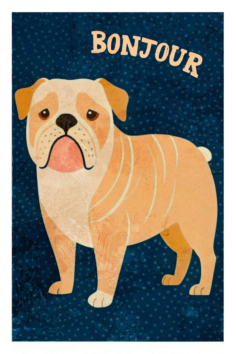 Bonjour Bulldog Dog Poster Wall Art Print French Style Cute Pet Decor Blue Background Unique Gift for Dog Lovers - xonomax