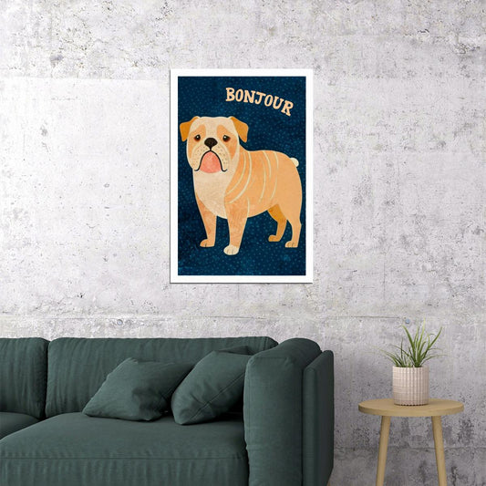 Bonjour Bulldog Dog Poster Wall Art Print French Style Cute Pet Decor Blue Background Unique Gift for Dog Lovers - xonomax