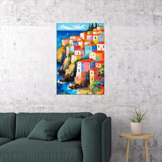 Colorful Mediterranean Village Poster Wall Art Print Scenic Coastal Landscape Decor Vintage Travel-Inspired Artwork - xonomax