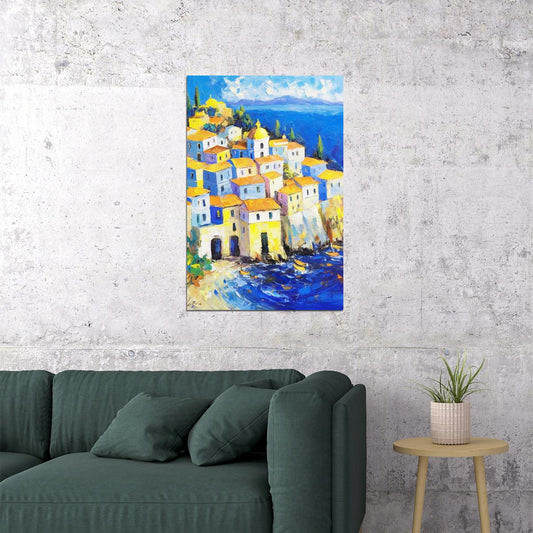 Sunny Coastal Village Poster Wall Art Print Mediterranean Landscape Colorful Scenic Decor Perfect for Travel Enthusiasts - xonomax