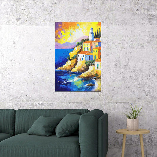 Sunset Over Mediterranean Town Poster Wall Art Print Vibrant Coastal Landscape Decor Colorful Vintage Style for Living Room - xonomax