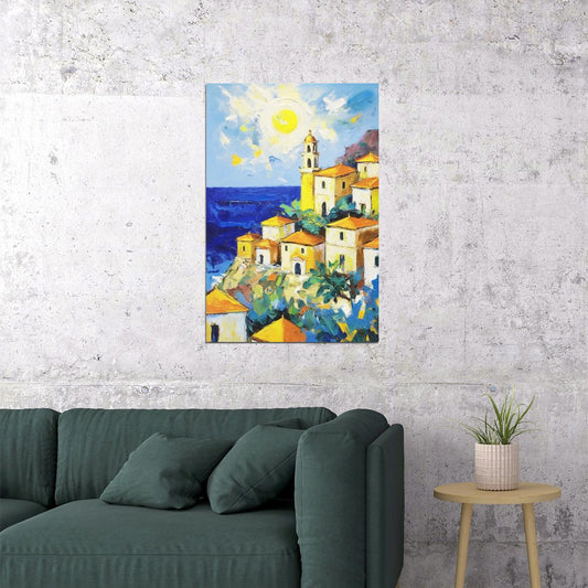 Sunny Village Hillside Poster Wall Art Print Mediterranean Coastal Decor Colorful Vintage Travel-Inspired Artwork - xonomax
