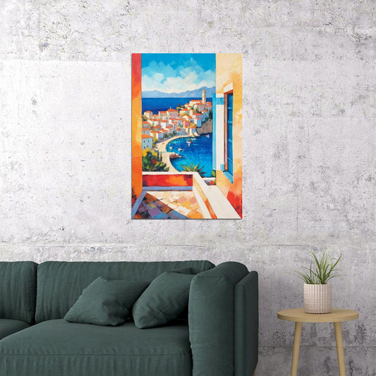 Mediterranean Window View Poster Wall Art Print Scenic Landscape Decor Warm Colors Coastal Charm Ideal for Bedroom Decor - xonomax
