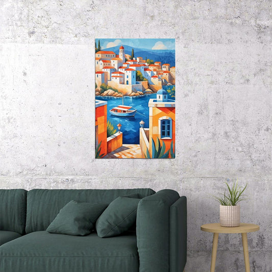 Seaside Boat Dock Poster Wall Art Print Mediterranean Coastal Scene Colorful Travel Decor Perfect for Living Room - xonomax