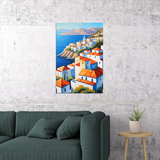 Classic Mediterranean Village Poster Wall Art Print Bright Coastal Landscape Colorful Vintage Style for Travel Lovers - xonomax