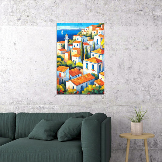 Colorful Coastal Homes Poster Wall Art Print Mediterranean Style Decor Scenic Travel Art with Village View - xonomax