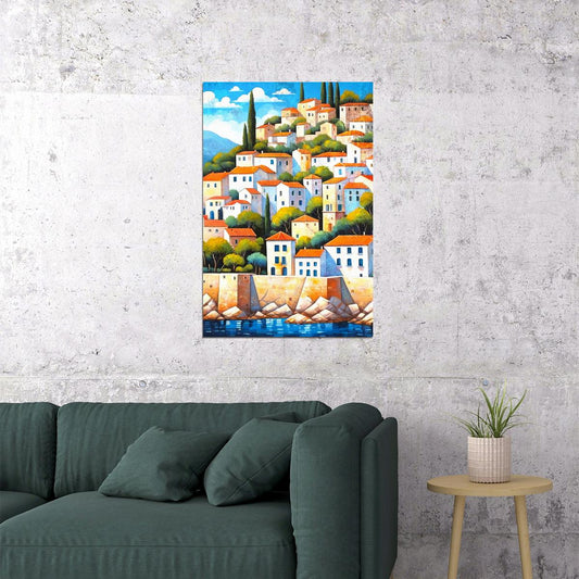 Hillside Mediterranean Town Poster Wall Art Print Scenic Landscape Decor Vibrant Colors Perfect for Travel-Inspired Decor - xonomax