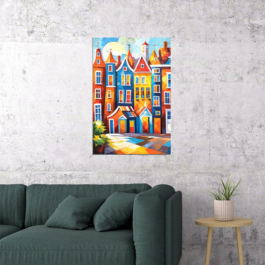 Charming Dutch Houses Poster Wall Art Print Colorful Canal Scene Decor Bold Red Blue Architecture Classic European Travel Style - xonomax