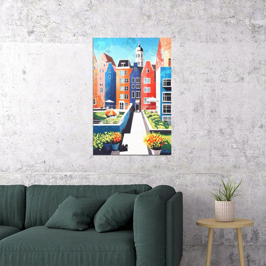 Colorful Canal Houses Poster Wall Art Print Vibrant European Architecture Decor Bright Blue Pink Accents Artistic Cityscape - xonomax