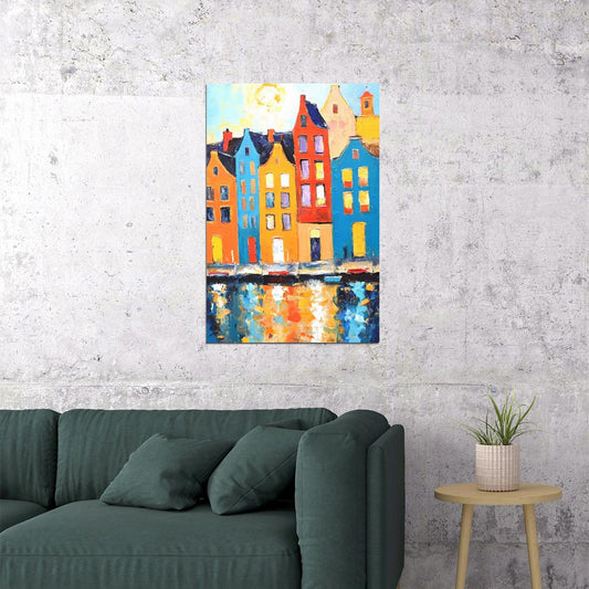 Sunny Waterfront Poster Wall Art Print Vibrant Colors Pink Blue Architecture Scenic European Landscape Perfect for Home Decor - xonomax