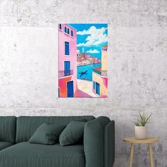 Sunny Italian Street Poster Wall Art Print Pink Blue Accents Colorful Mediterranean Style Preppy Travel Decor - xonomax