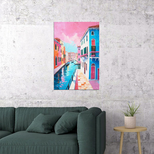 Italian Canal View Poster Wall Art Print Pink Blue Buildings Vibrant Mediterranean Decor Coquette Style Home Accent - xonomax
