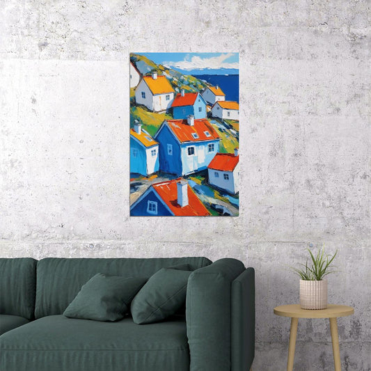 Colorful Coastal Village Poster Wall Art Print Mediterranean Landscape Decor Blue Red Houses Vibrant Travel-Inspired Style - xonomax