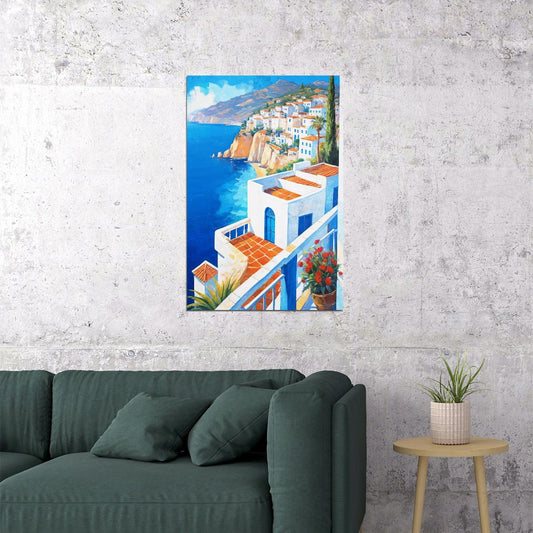 Hillside Mediterranean Village Poster Wall Art Print Scenic Blue Sea View Colorful Decor Home and Travel Lovers - xonomax