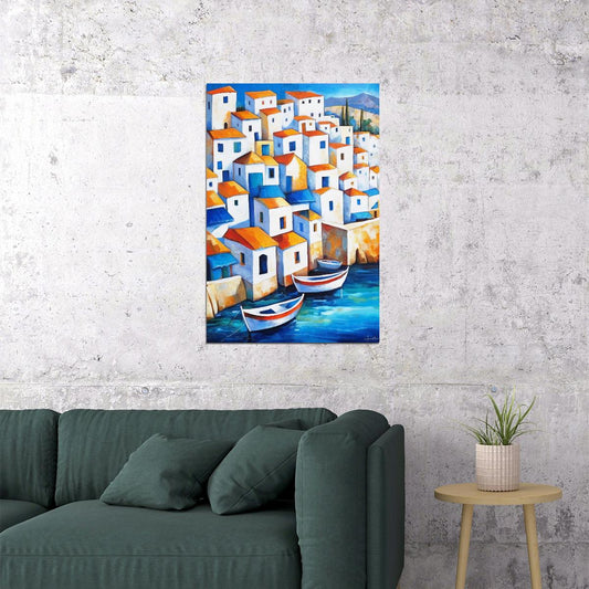 Boats and Houses Coastal Poster Wall Art Print Colorful Mediterranean Village Decor Scenic Sea View Nautical Decor - xonomax