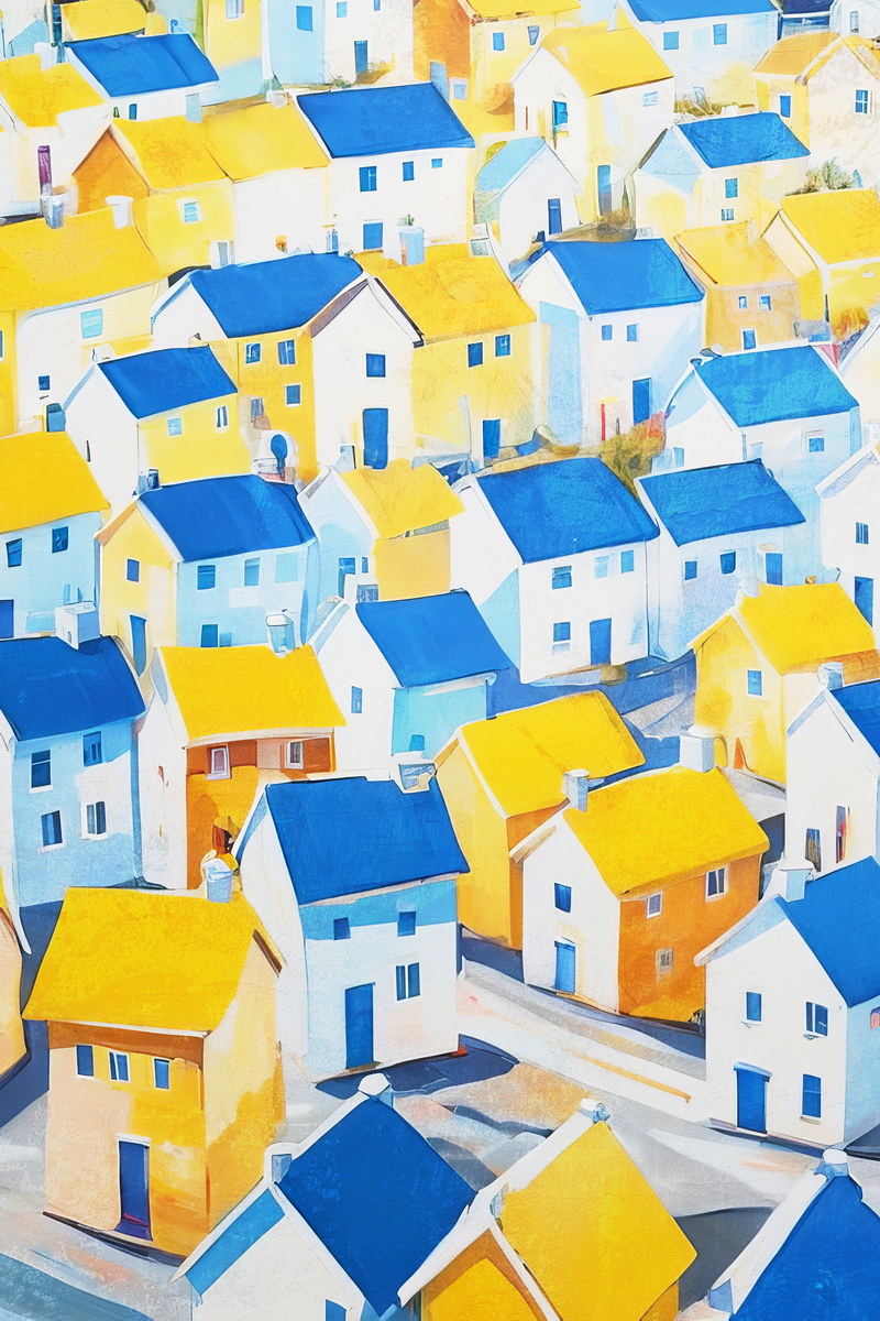 Yellow Blue Mediterranean Village Poster Wall Art Print Bright Colorful Coastal Decor Artistic Home Accent Travel Lovers - xonomax