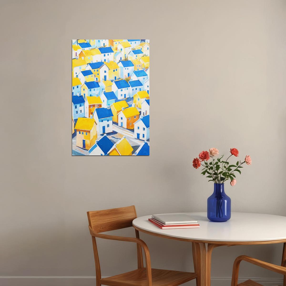Yellow Blue Mediterranean Village Poster Wall Art Print Bright Colorful Coastal Decor Artistic Home Accent Travel Lovers - xonomax