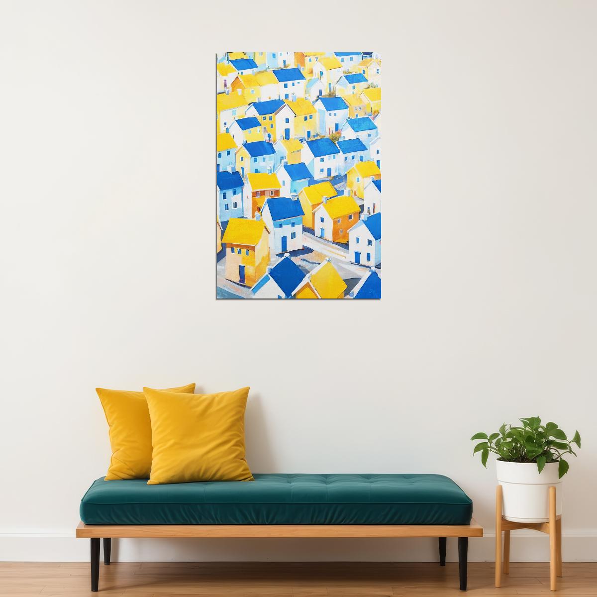 Yellow Blue Mediterranean Village Poster Wall Art Print Bright Colorful Coastal Decor Artistic Home Accent Travel Lovers - xonomax