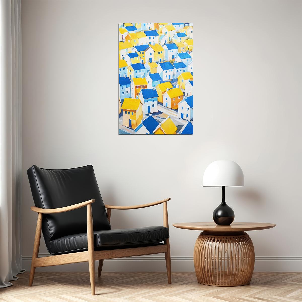 Yellow Blue Mediterranean Village Poster Wall Art Print Bright Colorful Coastal Decor Artistic Home Accent Travel Lovers - xonomax